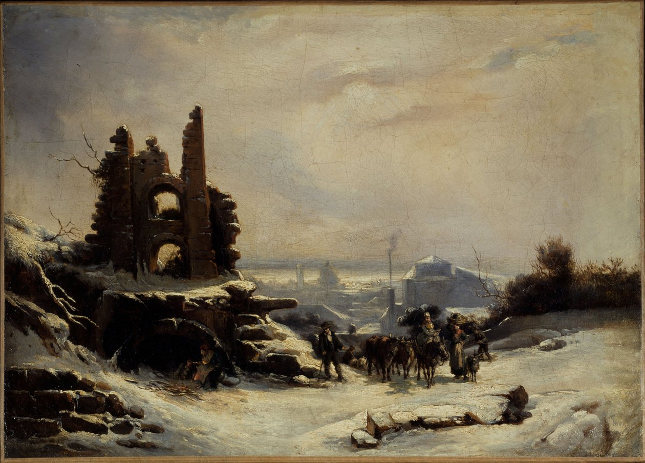 从市场归来（巴黎的雪景），约 1830 年（布面油画） 作者 路易斯·克劳德绘画业