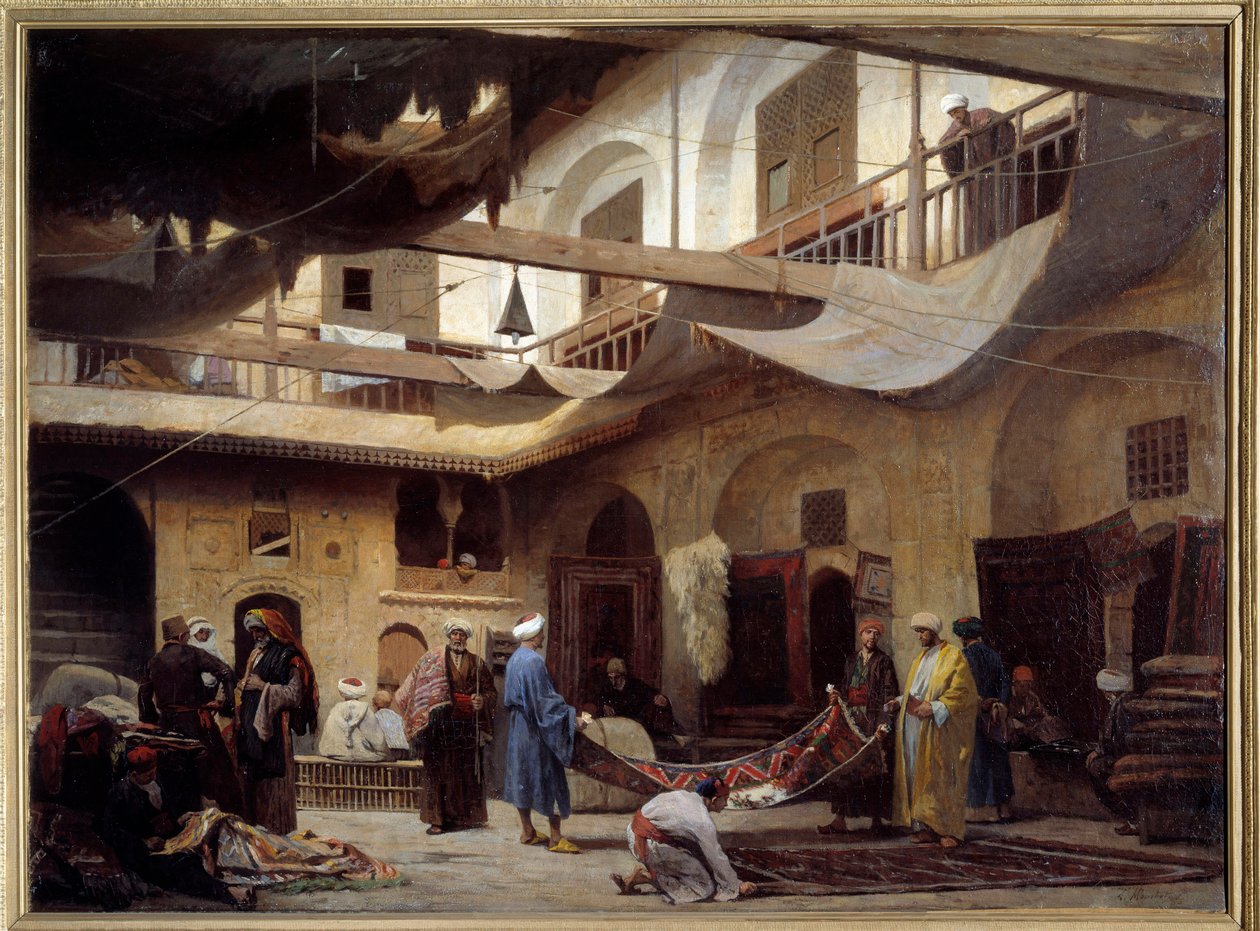 The carpet bazaar in the Khan-Khabil in Cairo in 1866. Painting by Louis Claude Mouchot (1830-1891) 作者 路易斯·克劳德·穆修（Louis Claude Mouchot）