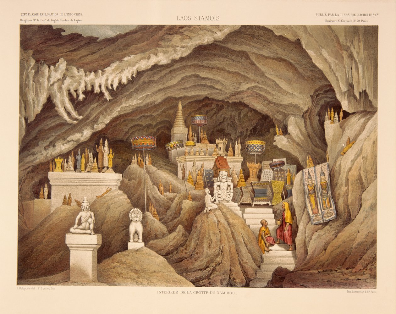 在老挝的洞穴寺庙的内部，由F. Sorrieu制作的印刷品，插图来自&39;1866年，1867年和1868年的印度 - 中国的探索之旅&39;，作者：Francis Garnier和Ernest Doudart de Lagree，p 作者 路易斯·德拉波特