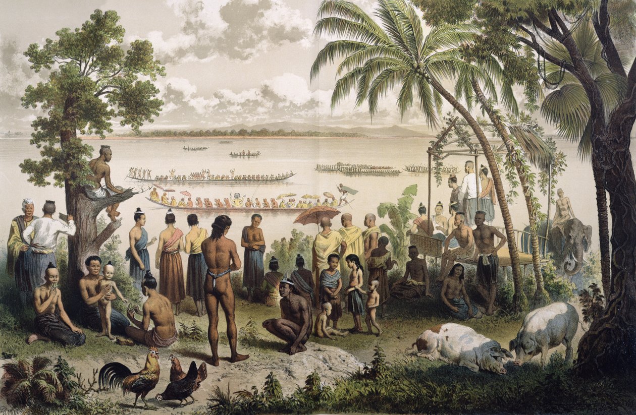 独木舟在Bassac河上进行比赛，来自Doudart de Lagree（1823-68）的&39;Atlas du Voyage d&39;L&39;探索&39;，1874年在巴黎出版（详见232562） 作者 路易斯·德拉波特