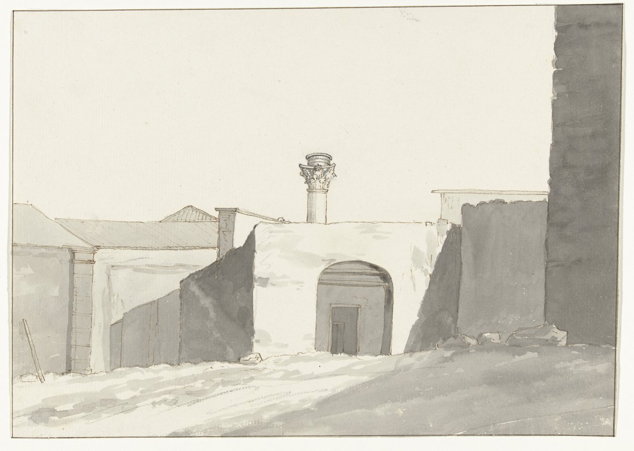 Antieke zuil en gebouwen in haven van Brindisi
Vue éloignee de la colonne Antique [on the port of Brindisi] [布林迪西港口的 Antique 柱远景]]。
意大利、西西里岛和马耳他之旅 - 1778 年（系列标题） 作者 路易斯·杜克罗斯
