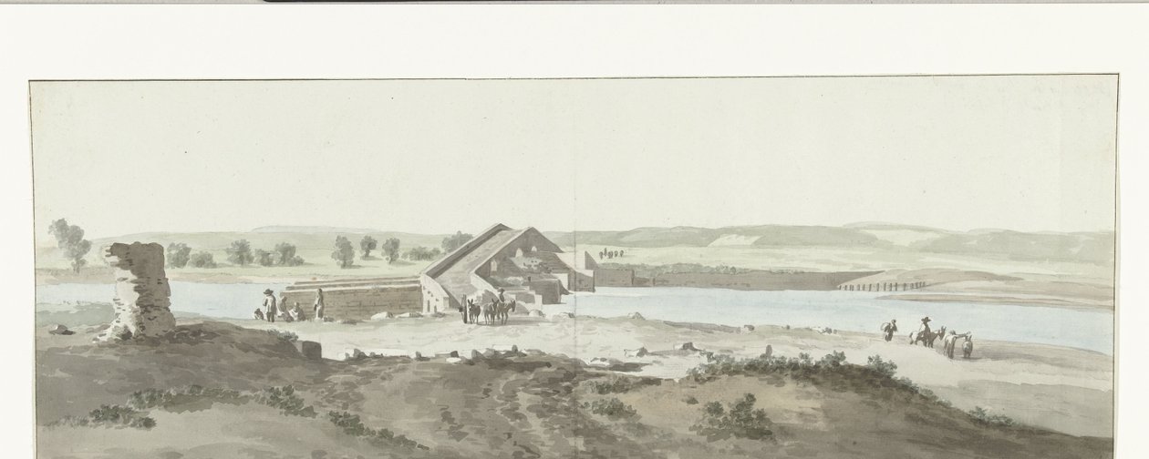 普利亚奥凡托河上的 Gezicht op Canosa 桥 奥凡托 (Aufidus) 上的卡诺萨桥 (Pont de Canosa) 景观（物体上的标题） 前往意大利、西西里岛和马耳他的航行 - 1778 年（系列标题） 作者 路易斯·杜克罗斯