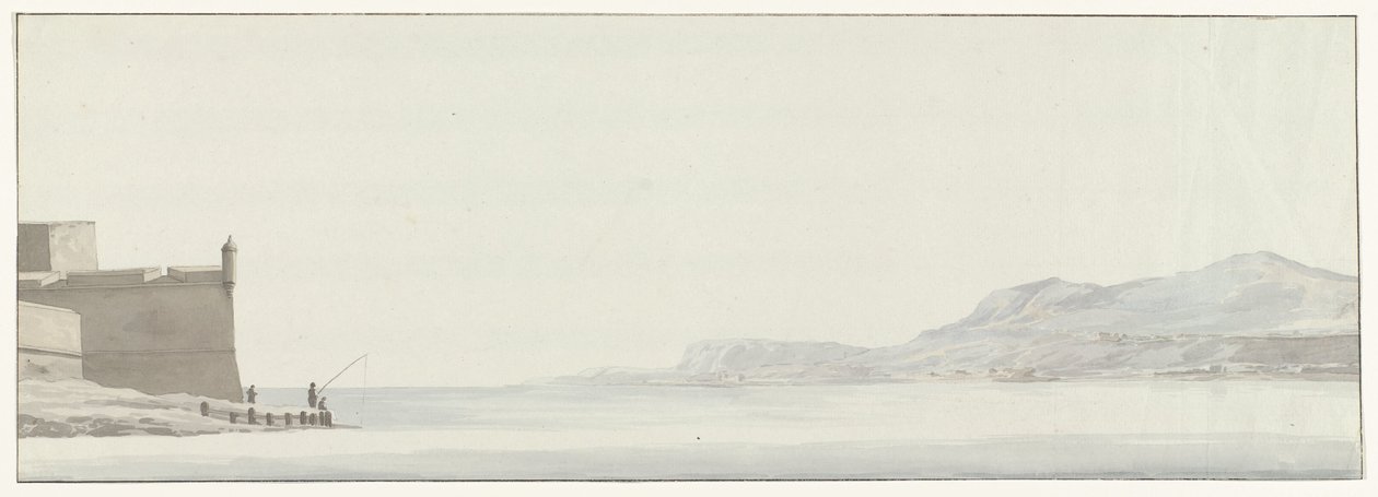 Gezicht op de kust van Calabrië vanaf het uiterste punt van de vesting Messina
从墨西拿城堡外角拍摄的卡拉布里亚海岸景色（标题见实物）
Voyage en Italie, en Sicile et à Malte - 1778（系列标题） 作者 路易斯·杜克罗斯
