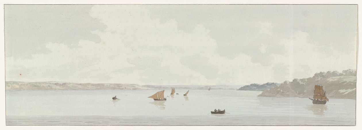 短笛海的歌声 Mare Piccolo 部分景观，古桥所在地，Galesus 河口（物体上的标题） 意大利、西西里岛和马耳他之旅 - 1778 年（系列标题） 作者 路易斯·杜克罗斯
