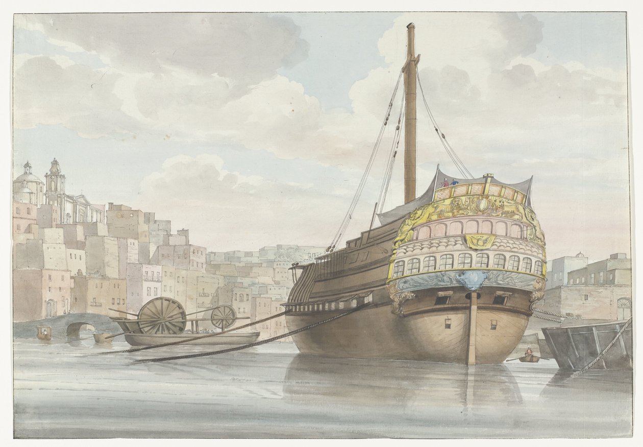 Gezicht op haven met galei schip vlakbij de werf
Vue du fond du Port des Galères à Malthe, prise du chantier（物上标题）
Voyage en Italie, en Sicile et à Malte - 1778（系列标题） 作者 路易斯·杜克罗斯