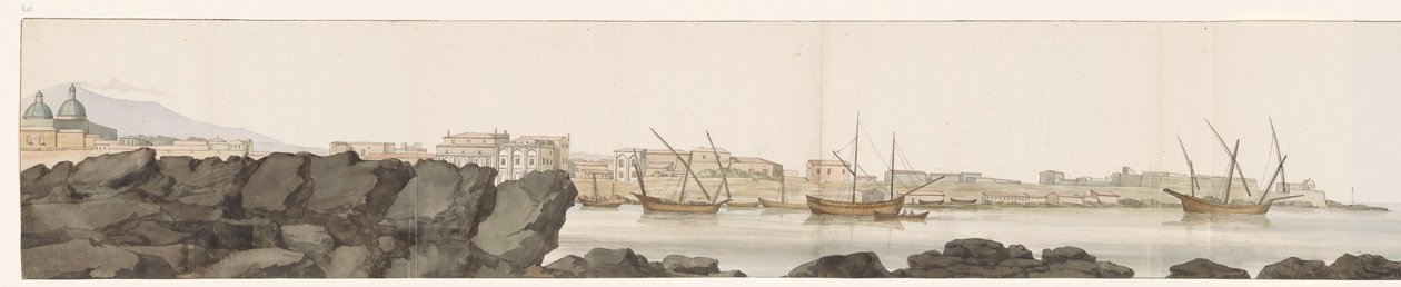 卡塔尼亚港口景观 Vue du Port de Catane（物体上的标题） Voyage en Italie, en Sicile et à Malte - 1778（系列标题） 作者 路易斯·杜克罗斯