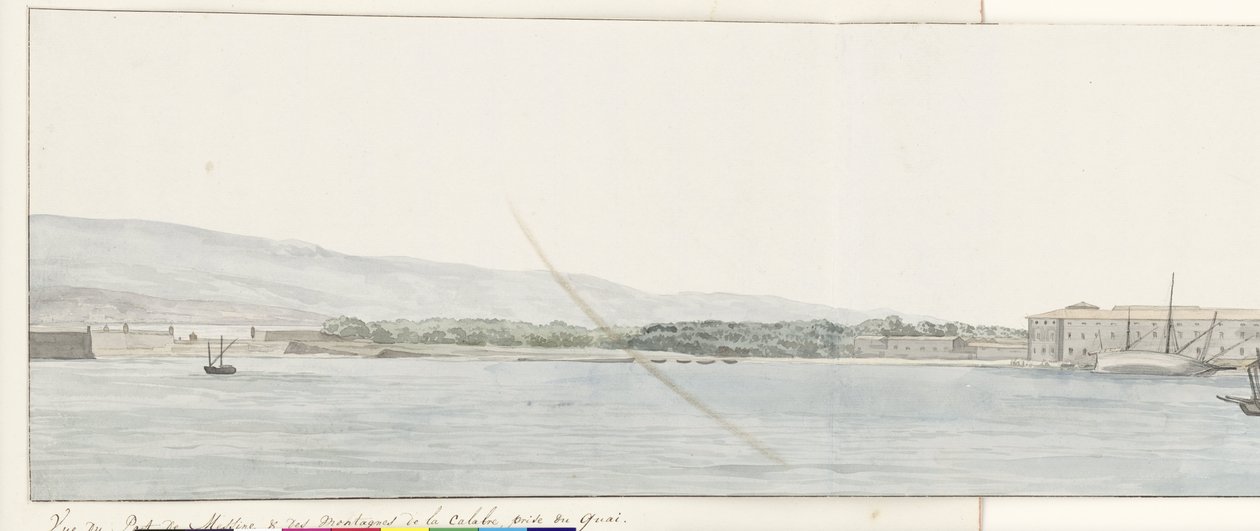 Gezicht op haven van Messina en bergen van Calabrië van van van kade
Vue du Port de Messine  des montagnes de la Calabre, prise du Quai（物上标题）
Voyage en Italie, en Sicile et à Malte - 1778（系列标题） 作者 路易斯·杜克罗斯