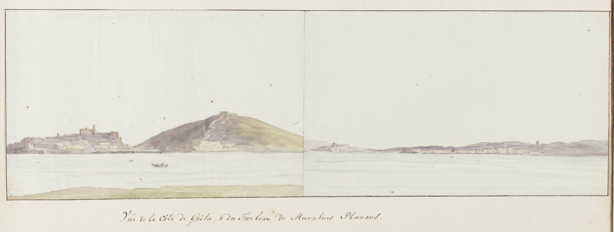 Gezicht op kust van Gaeta en mausoleum van Munatius Plancus (Lucio Munazio Planco)
Vue de la côte de Gaëta,  du Tombeau de Munatius Plancus（物上标题）
Voyage en Italie, en Sicile et à Malte - 1778（系列标题） 作者 路易斯·杜克罗斯