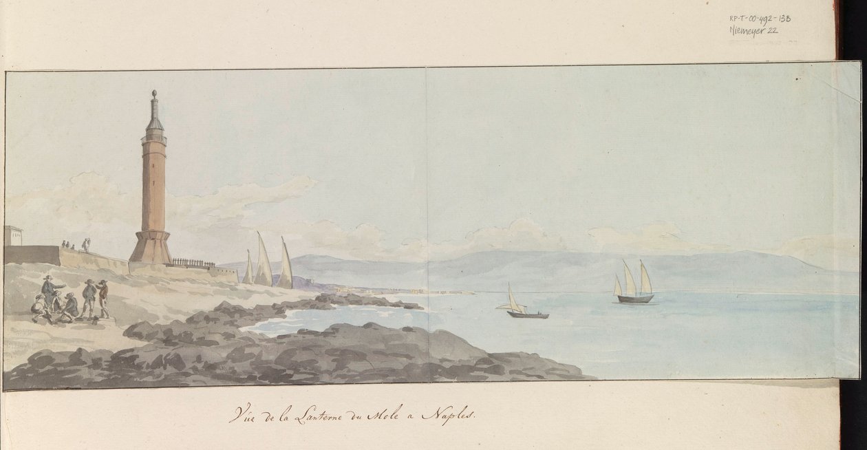Gezicht op vuurtoren bij havenhoofd te Napels Vue de la Lanterne du Mole à Naples (title on object) Voyage en Italie, en Sicile et à Malte - 1778 (series title) 作者 路易斯·杜克罗斯