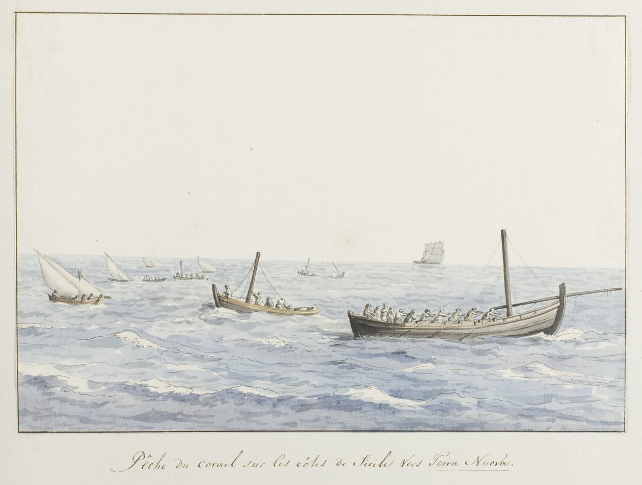 西西里岛 Terra Nuova 海岸边的珊瑚渔民
Pêche du corail sur les côtes de Sicile vers Terra Nuova（物上标题）
Voyage en Italie, en Sicile et à Malte - 1778（系列标题） 作者 路易斯·杜克罗斯