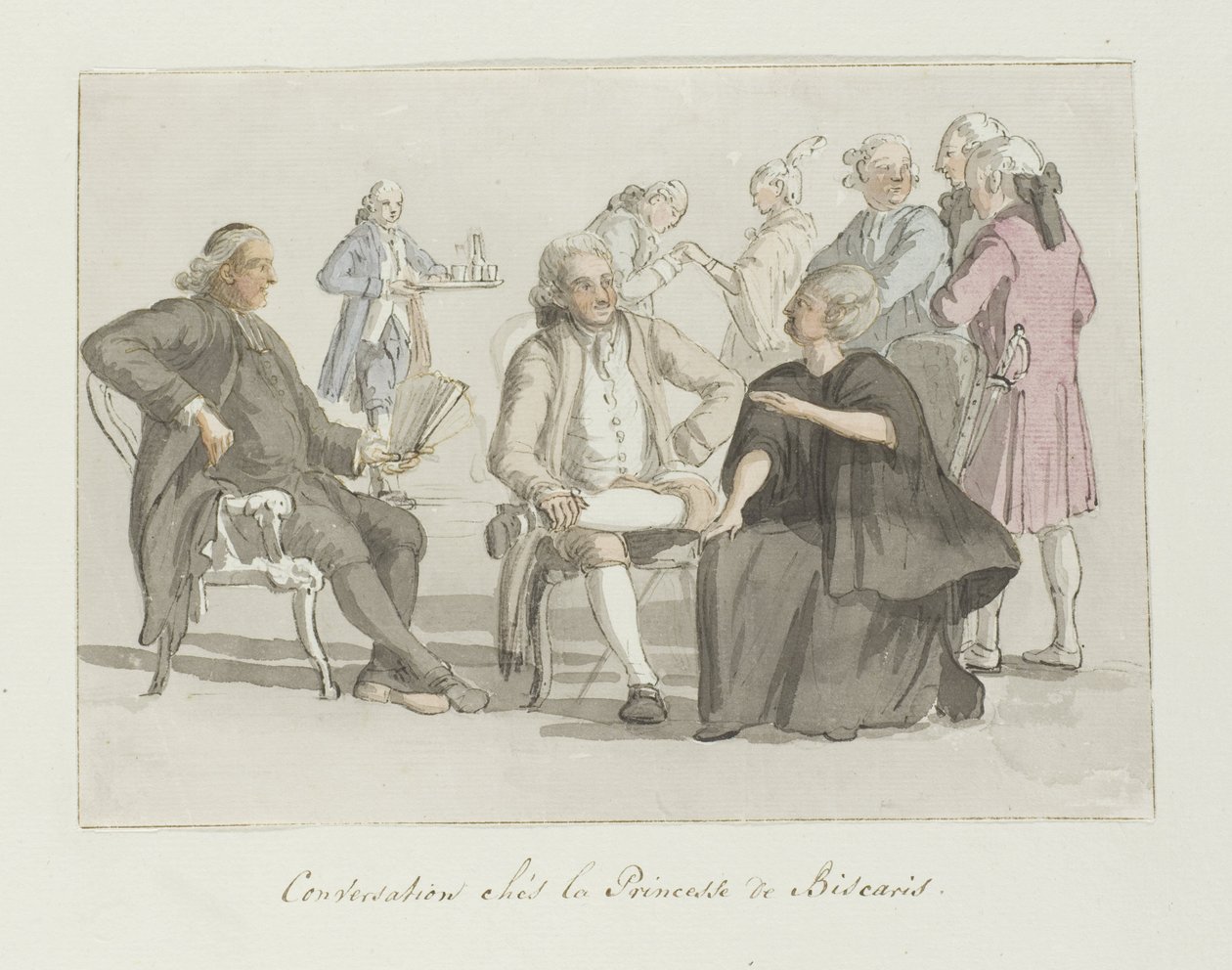 旅行团成员与比斯卡里斯公主的对话
Conversation chés la Princesse de Biscaris（物上标题）
意大利、西西里岛和马尔泰之旅 - 1778 年（系列标题） 作者 路易斯·杜克罗斯
