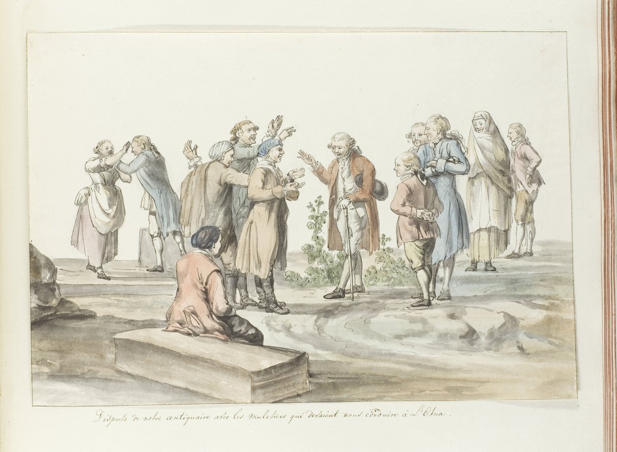 旅游公司导游与前往埃特纳的骡夫之间的谈判
Dispute de notre antiquaire avec les muletiers qui devaient nous conduire à L