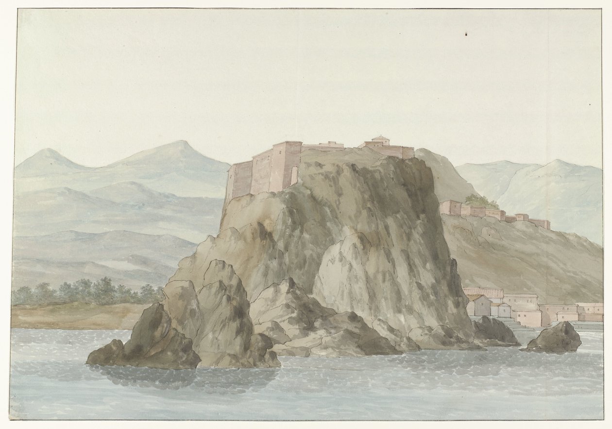 从北侧海面上看到的卡拉布里亚地区的斯基拉岩石和城市
Rocher  Ville de Scilla en Calabre; vue prise en mer, du côté du Nord（物上标题）
Voyage en Italie, en Sicile et à Malte - 1778（系列标题） 作者 路易斯·杜克罗斯