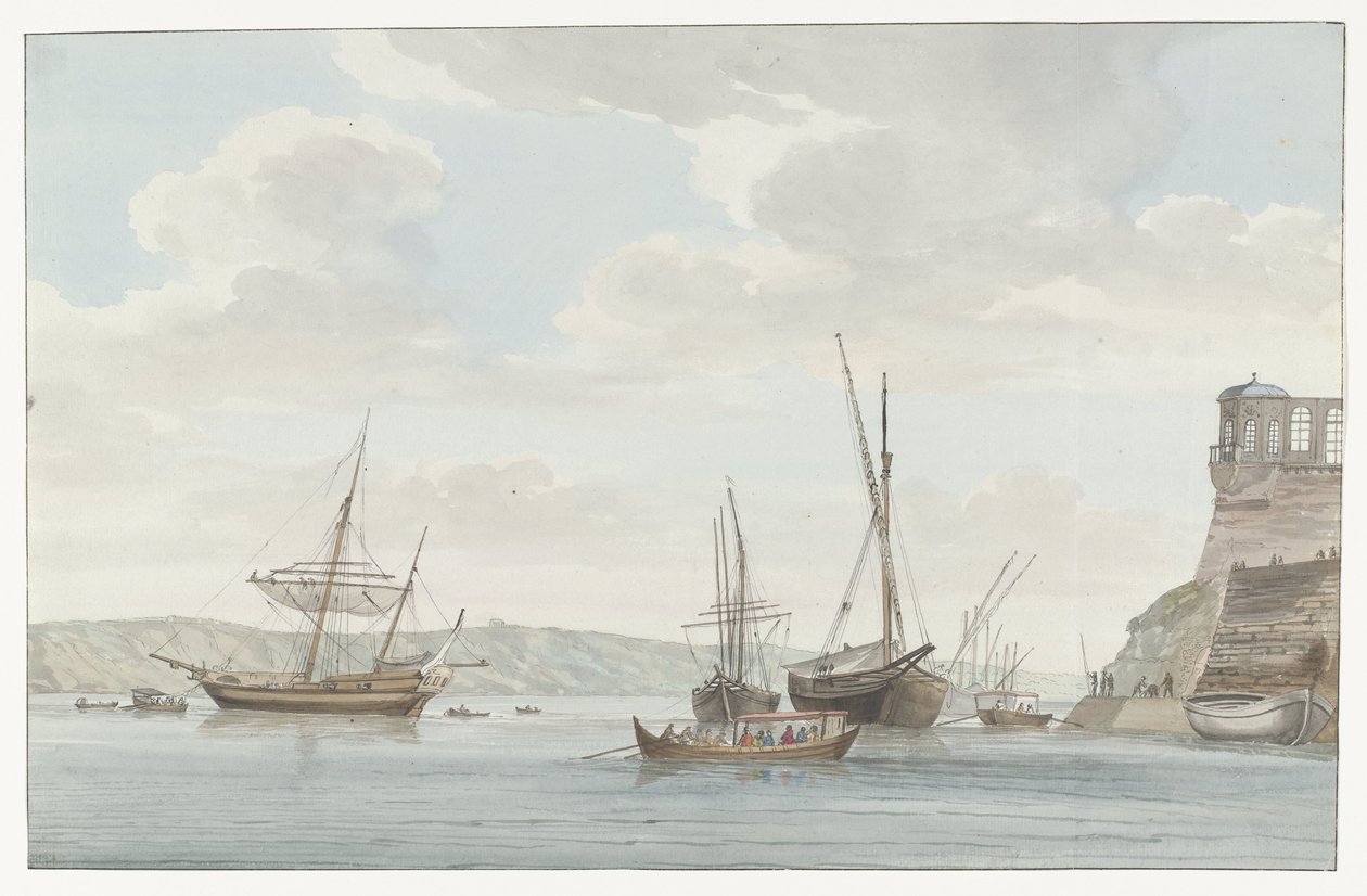 Tuinhuis van de Jardin du Grand Maître uittorend boven de haven met galei schepen op Malta（马耳他大公花园的亭子，面向马耳他的加莱尔港
Pavillon du Jardin du Grand-Maître, en face du port des Galères à Malthe（物上标题）
Voyage en Italie, en Sicile et à Malte - 1778（系列标题） 作者 路易斯·杜克罗斯
