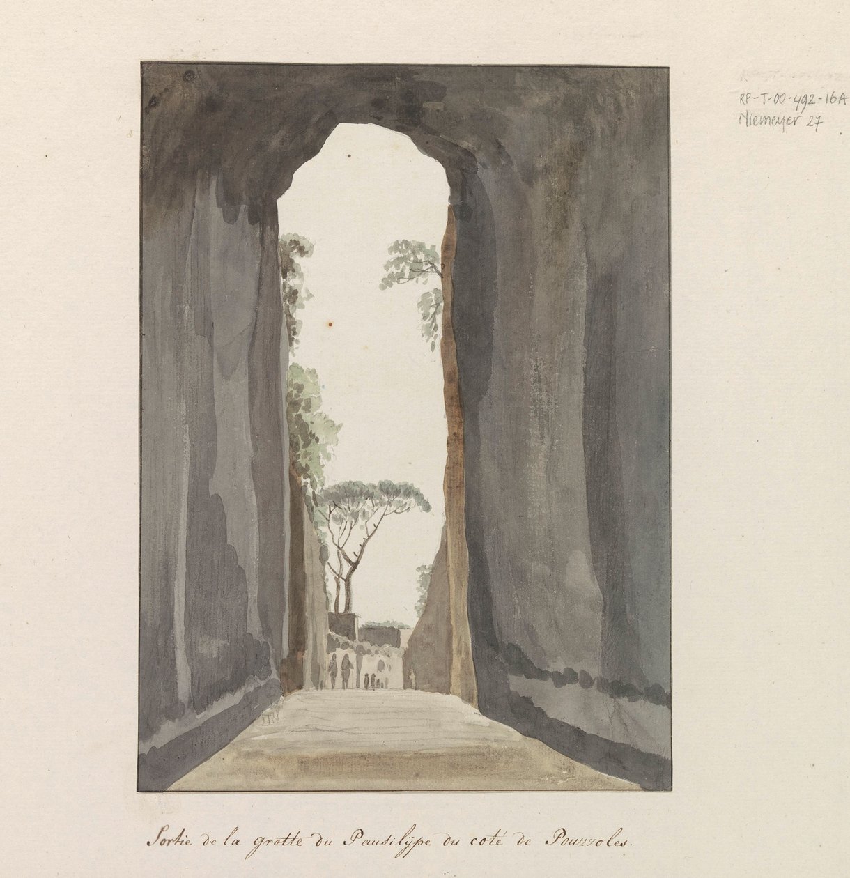 Uitgang van grot Crypta Neapolitana (of Grotta di Posillipo) aan de kust van Pozzuoli
从波祖利附近的保西莉普洞穴出来（物品上的标题）
意大利、西西里岛和马耳他之旅 - 1778 年（系列标题） 作者 路易斯·杜克罗斯