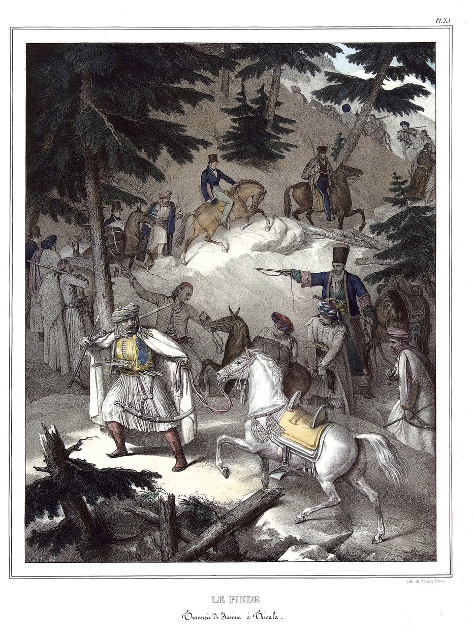 Le Pinde, traversee de Janina a Tricala。 在“”雅典娜和君士坦丁堡之旅，或希腊和奥斯曼帝国肖像、风景和服装的集合，由路易斯·杜普雷（1789-1837 年）、大卫的学生在自然、石版画和色彩之后绘制的地方绘制。1825 作者 路易斯杜普雷