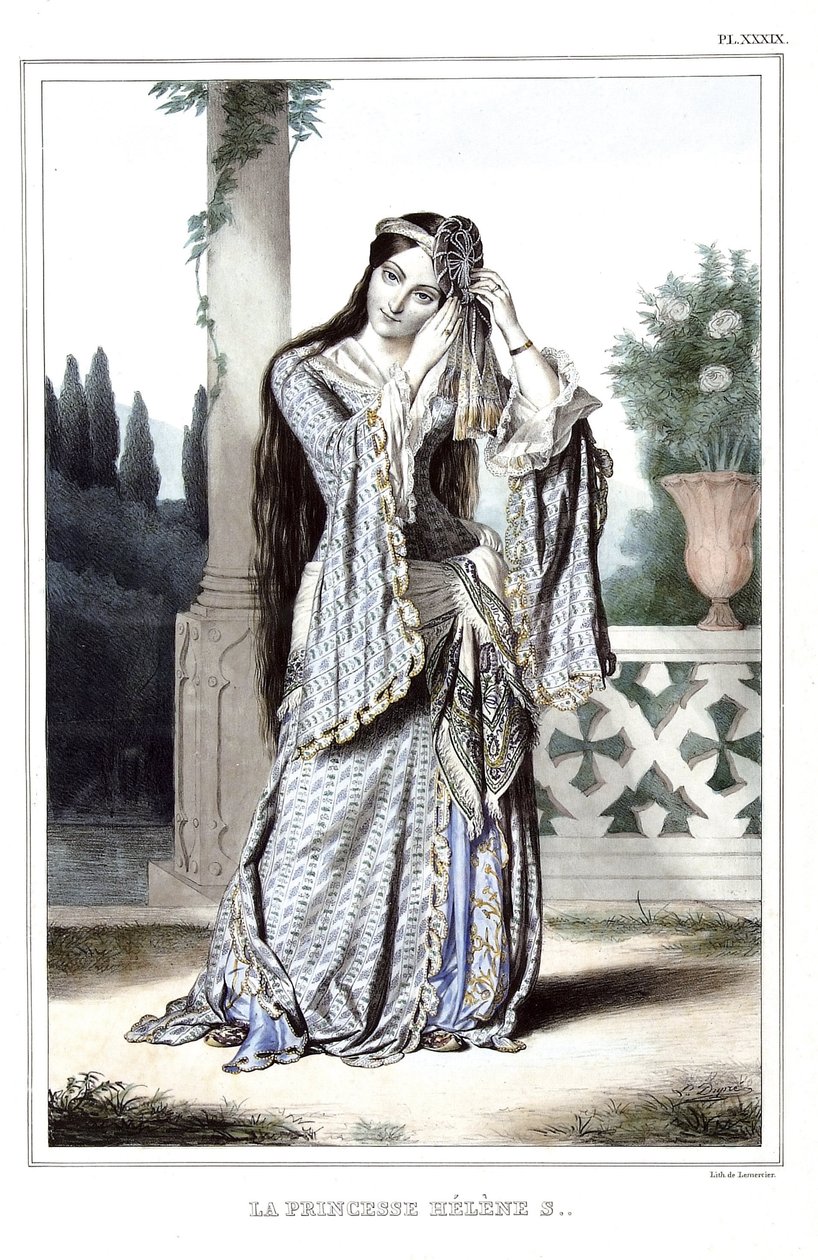 Princess Helene Soutzo. in “” Journey to Athenes and Constantinople, or collection of Greek and Ottoman portraits, views and costumes, painted on places of after nature, lithographs and colories by Louis Dupre (1789-1837), pupil of David.1825. 作者 路易斯杜普雷