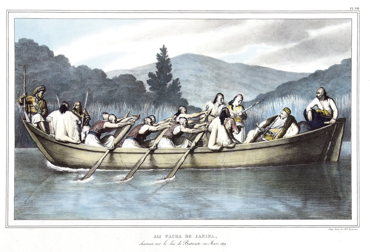 Ali Pasha de Janina (1741-1822)，1819年3月在Butrinto湖上打猎。载于《雅典娜和君士坦丁堡之旅，或希腊和奥斯曼的肖像、风景和服装集，根据自然、石版画和彩色画绘制的地方，由Louis Dupre绘制。 作者 路易斯杜普雷