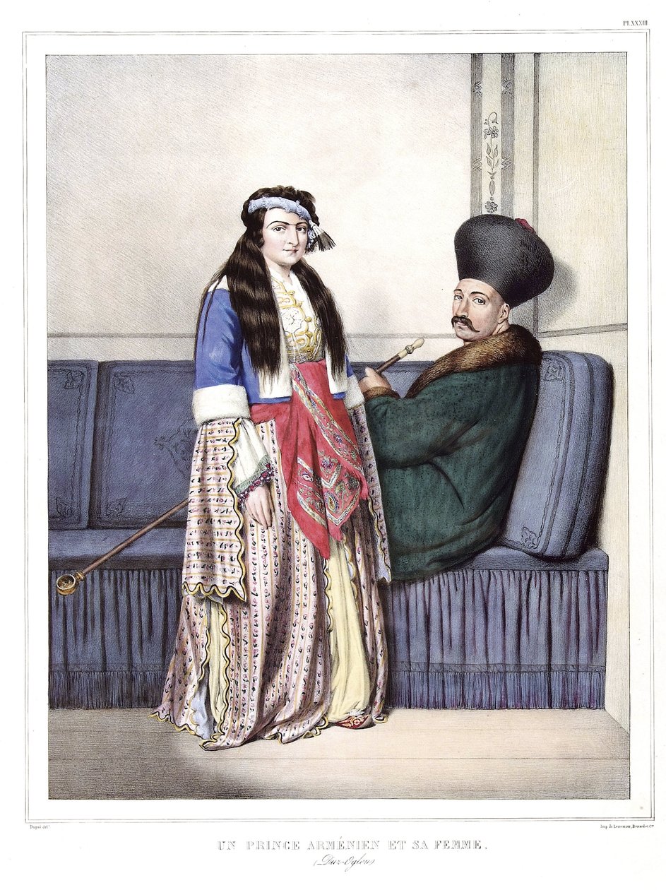 亚美尼亚王子和他的妻子，Duzoglous.在 "雅典和君士坦丁堡之旅，或希腊和奥斯曼的肖像、风景和服装集，画在自然、石版画和彩色的地方，由大卫的学生Louis Dupre（1789-1837）1。 作者 路易斯杜普雷
