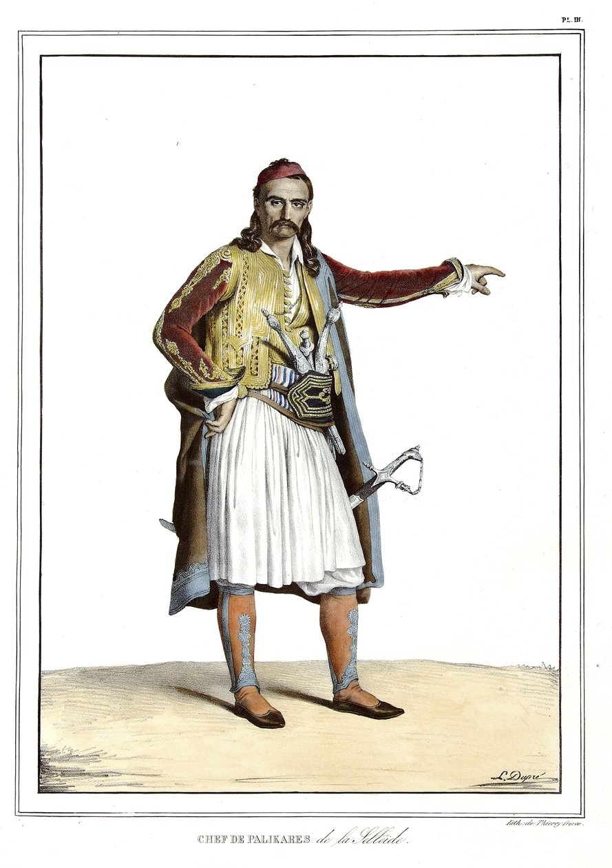Palikares de la Scllade的厨师，在 "雅典娜和君士坦丁堡之旅，或希腊和奥斯曼的肖像、风景和服装集，画在自然、石版画和彩色的地方，由Louis Dupre（1789-1837），David的学生.1825。 作者 路易斯杜普雷