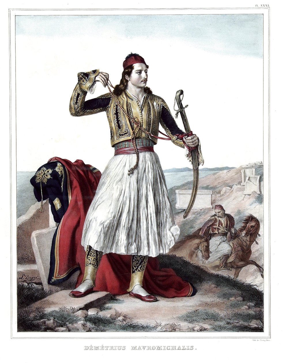 Demetrius Mavromichalis，希腊士兵和爱国者。载于《雅典娜和君士坦丁堡之旅，或希腊和奥斯曼帝国的肖像、风景和服装集，由达-杜普尔（1789-1837）的学生绘制在自然界的地方，石版画和彩色。 作者 路易斯杜普雷