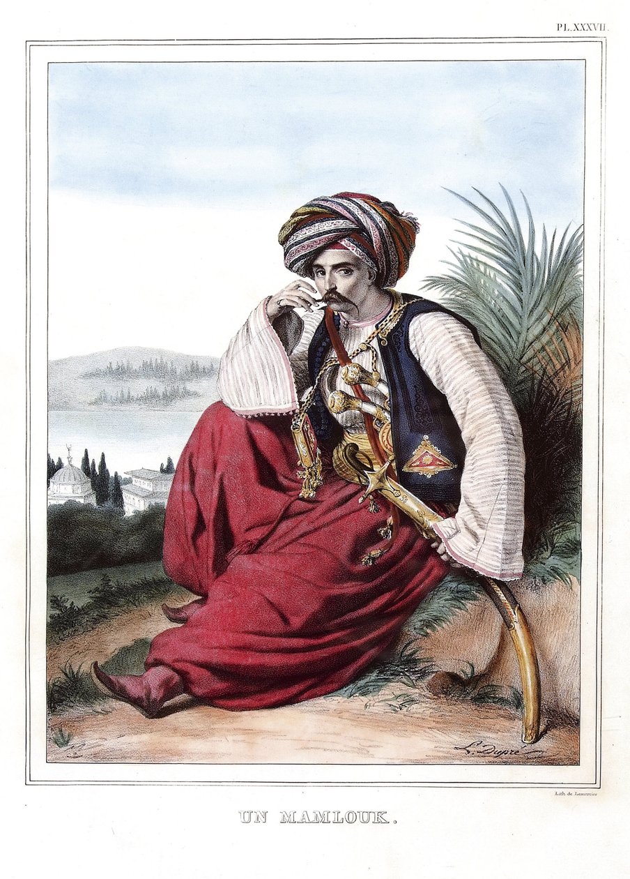 Un mamlouk (Mamluk). 在 "雅典和君士坦丁堡之旅，或希腊和奥斯曼的肖像、风景和服装集，画在自然、石版画和彩色的地方，由大卫的学生路易斯-杜普尔（1789-1837）1825。 作者 路易斯杜普雷