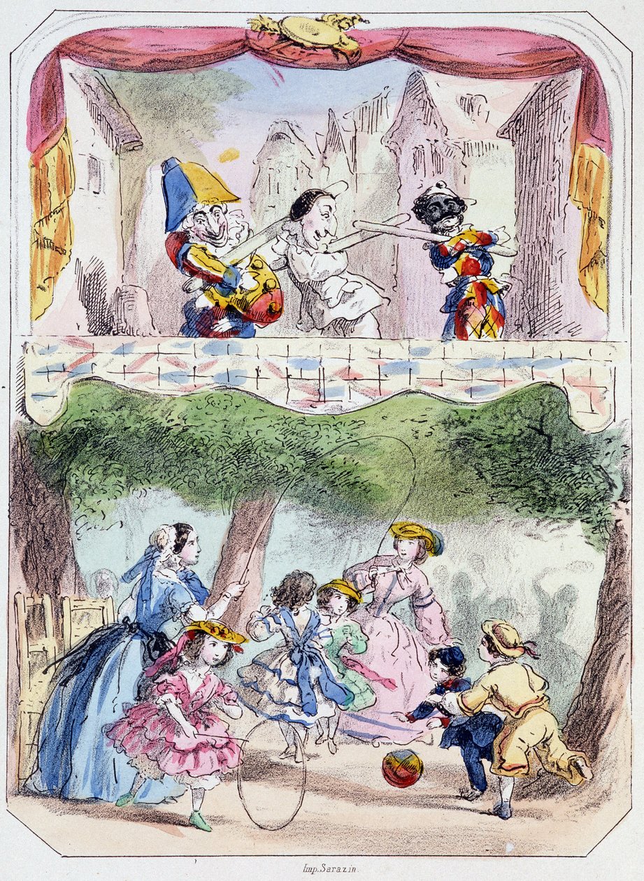 Polichinelle precepteur - 石版画，选自杜乐丽花园提线木偶剧院，路易-埃德蒙-杜朗蒂（1833-1880 年）的文字和绘画，巴黎 作者 路易斯·埃德蒙·杜兰蒂