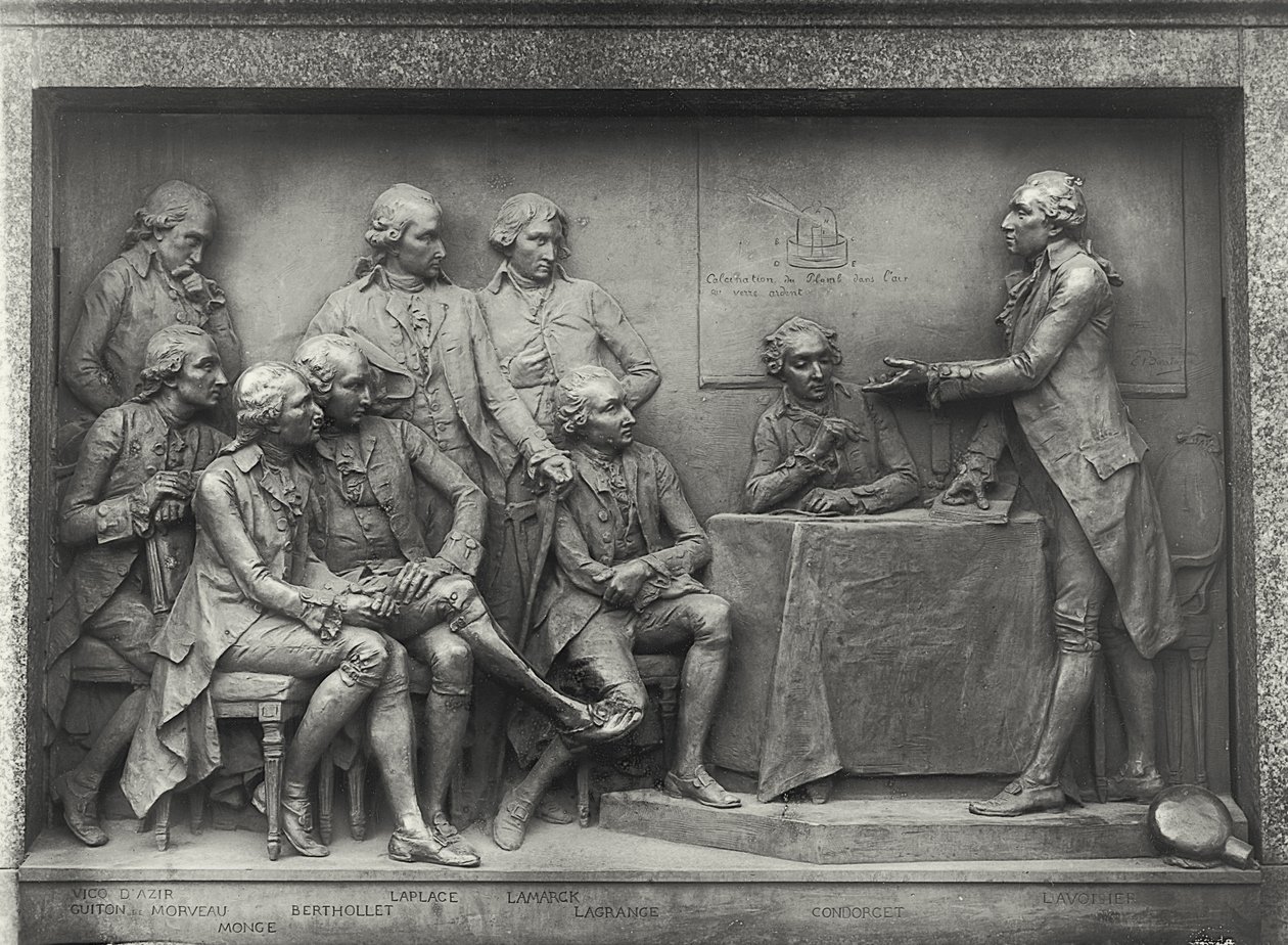 Antoine Laurent Lavoisier (1743-94) explaining his analysis of air to his colleagues (bronze) (b/w photo) 作者 路易斯·欧内斯特·巴里亚斯