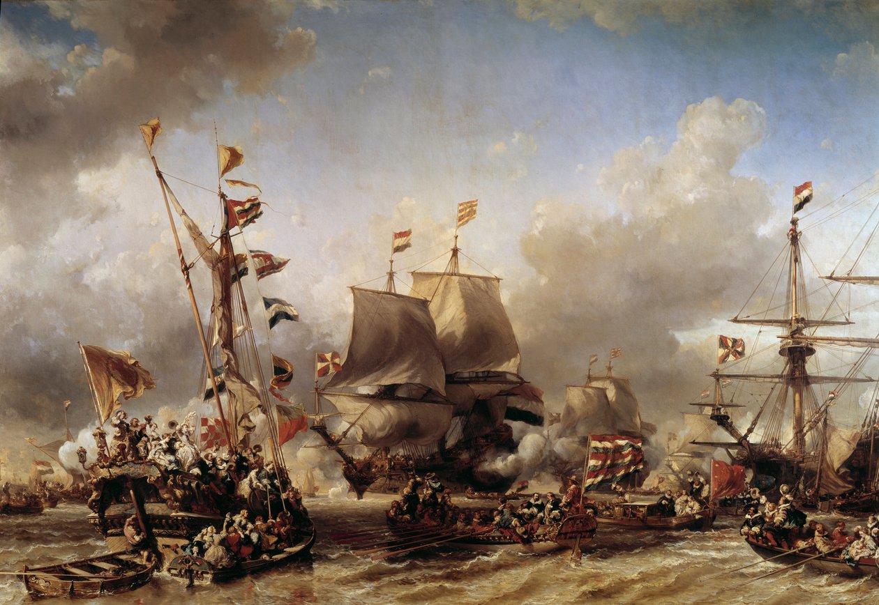 英荷战争：“”荷兰海军上将米歇尔·阿德里安·鲁伊特 (1607-1676) 和威廉·德·威特 (William de Witt) 为特塞尔战役 (Battle of Texel) 登船“”路易斯·加布里埃尔·尤金·伊萨贝 (Louis Gabriel Eugene Isabey) (1803-1886) 绘画，19 世纪土伦，海军博物馆 作者 路易斯·尤金·加布里埃尔·伊莎贝