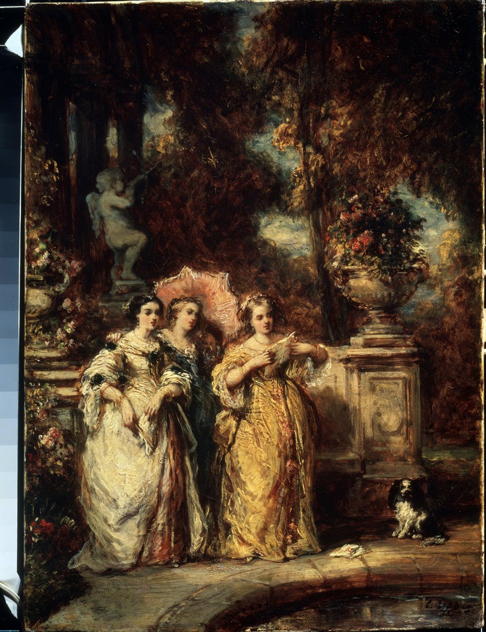 "公园里的三个良家少女。路易-加布里埃尔-尤金-伊萨贝（1803-1886 年）1852 年的画作，莫斯科普希金博物馆 作者 路易斯·尤金·加布里埃尔·伊莎贝