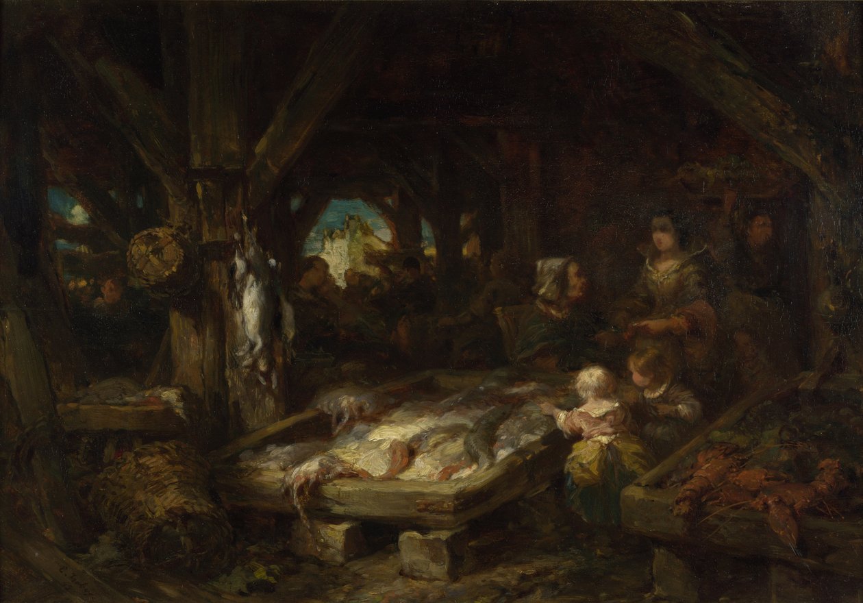 鱼市场，迪耶普，1845年 作者 尤金·伊萨贝（Eugene Isabey）