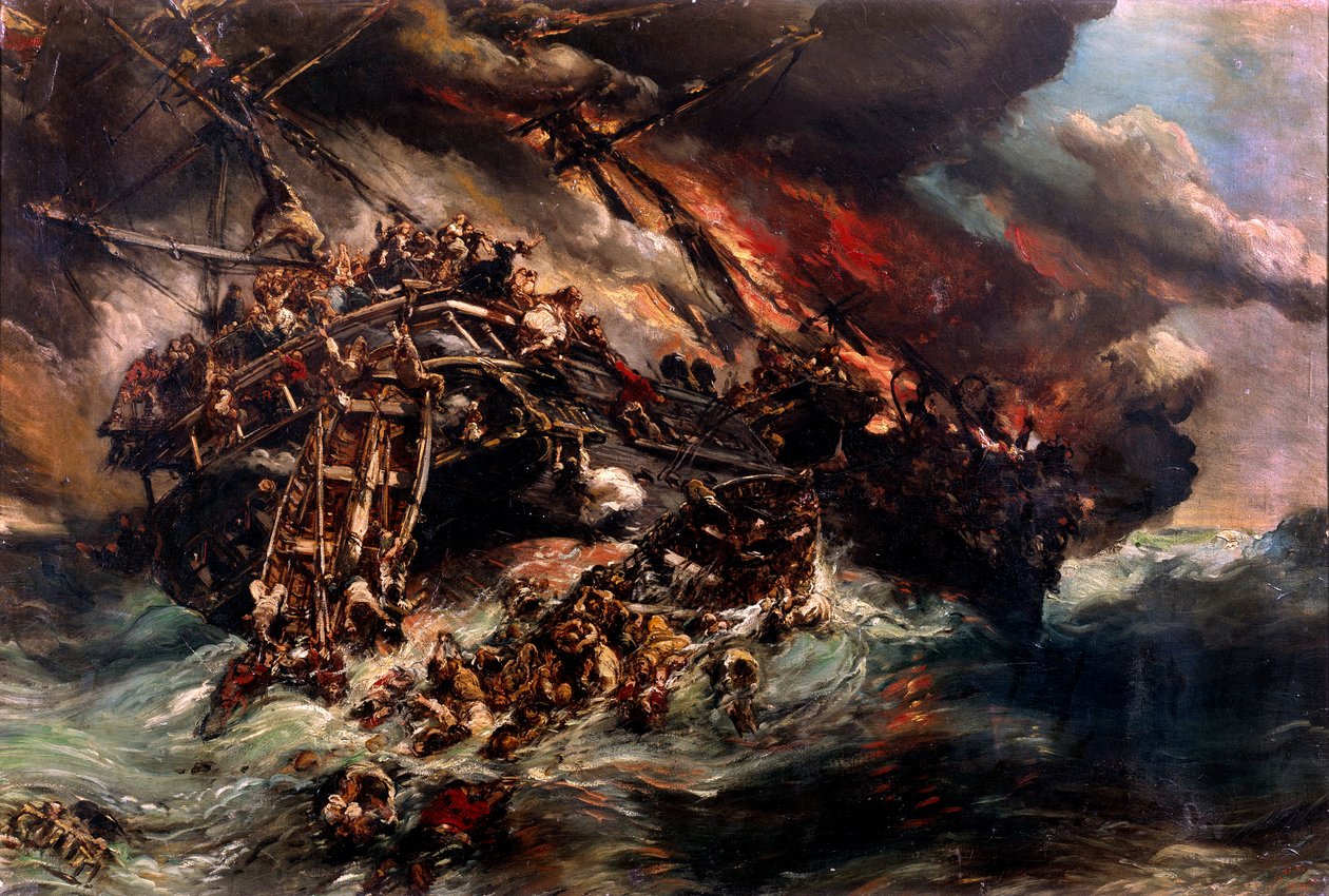 Louis Eugene Isabey (1803-1886) 画作“奥地利”蒸汽船的火 19 世纪巴黎，海洋博物馆 作者 路易斯·尤金·加布里埃尔·伊莎贝
