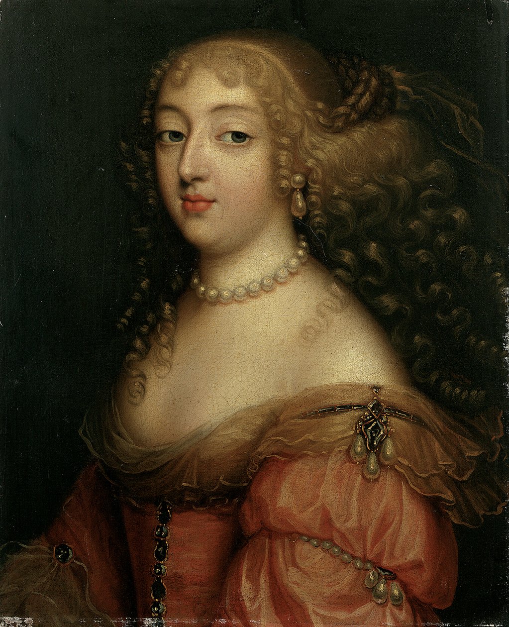 据说是劳拉·曼奇尼（Laura Mancini），公爵夫人（Duchesse de Mercoeur）的肖像，胸围长，穿着红色，戴着珍珠项链和耳环 作者 路易斯·费迪南德·埃勒