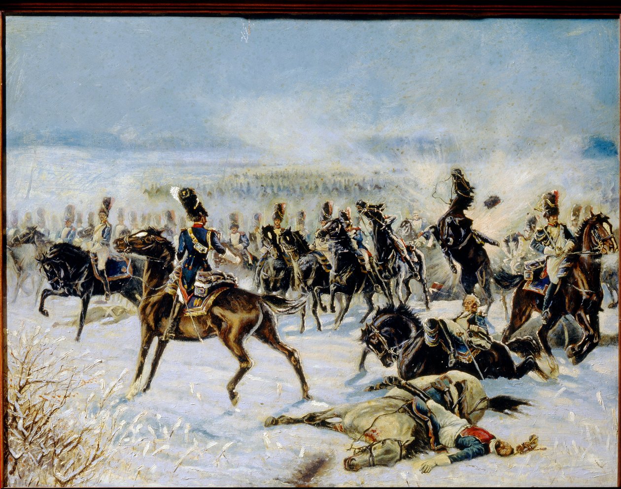 1807 年 2 月 8 日的普鲁士埃劳战役。拿破仑一世（1769-1821 年）的法国大军团与俄罗斯帝国之间的军事对抗。Louis Ferdinand Malespina（1874-1940 年）的作品，布面油画 作者 路易斯-费迪南德·马勒斯皮纳