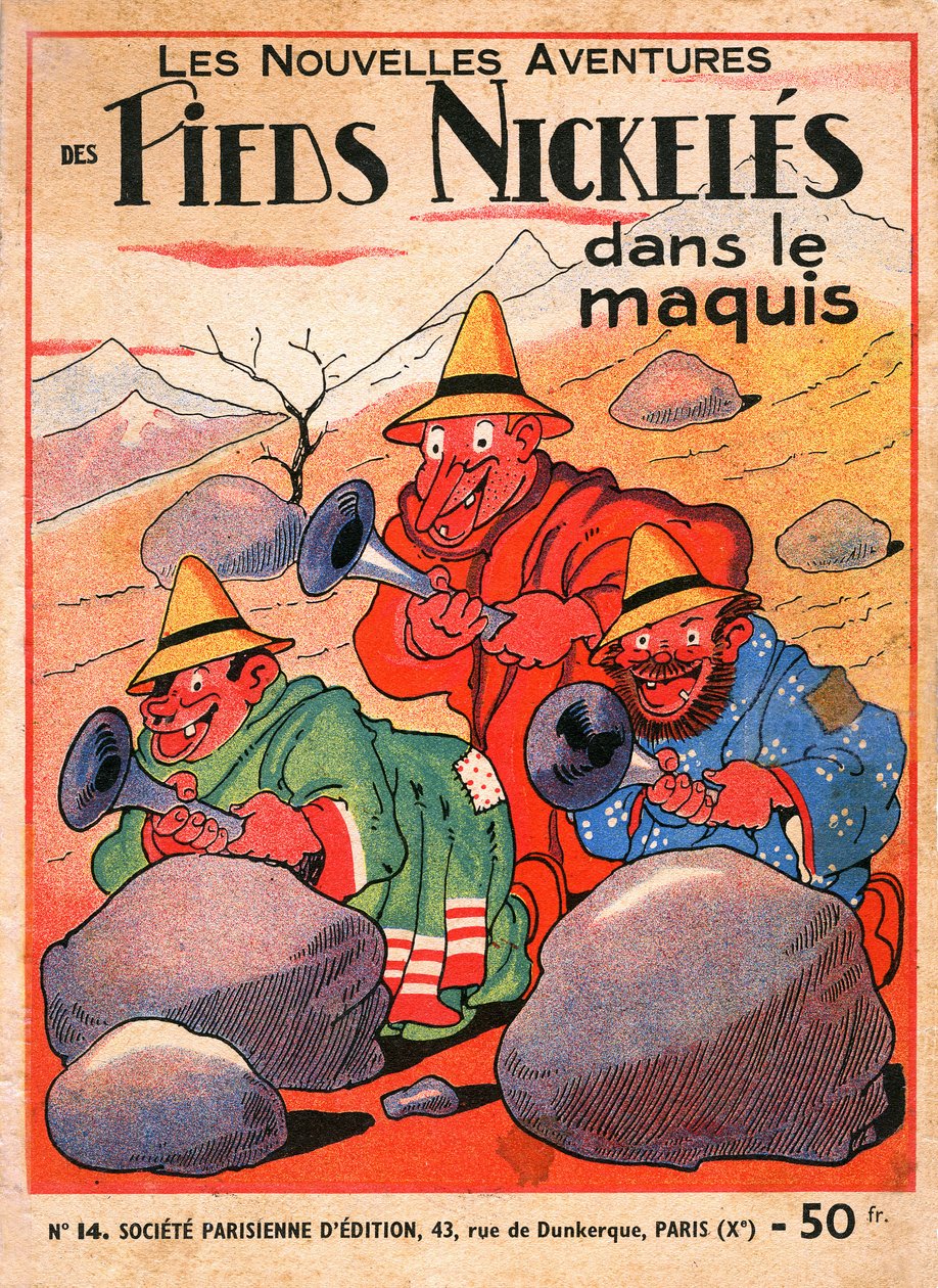 Louis Forton（1879-1934 年）连环画册的封面：Les Pieds Nickeles dans le maquis（1949 年版三人组历险记第 14 卷）。科西嘉岛的 Croquignol、Ribouldingue 和 Filochard。
©Gusman/Leemage 作者 路易·福特