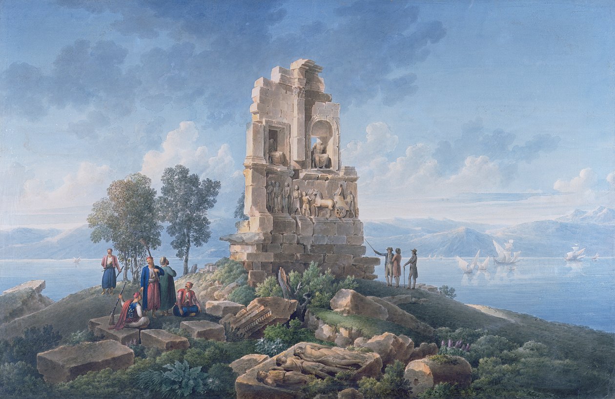 雅典的Philopappos墓，和旅行者。1821年（水墨和水彩画） 作者 路易斯·弗朗索瓦·卡萨斯