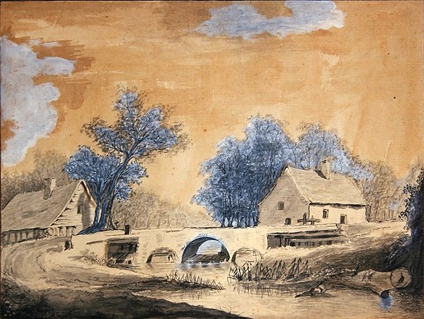 阿姆斯特丹附近的小桥景色，18世纪末（纸上钢笔、墨水和水墨）。 作者 路易斯·弗朗索瓦·卡萨斯