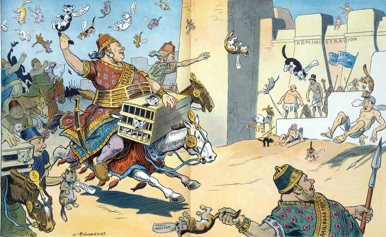 华尔街的波斯人和华盛顿的埃及人，1907 年。插图显示了佩鲁西姆战役，波斯人被认定为拥有 "既得利益"。 作者 路易斯·格兰肯斯