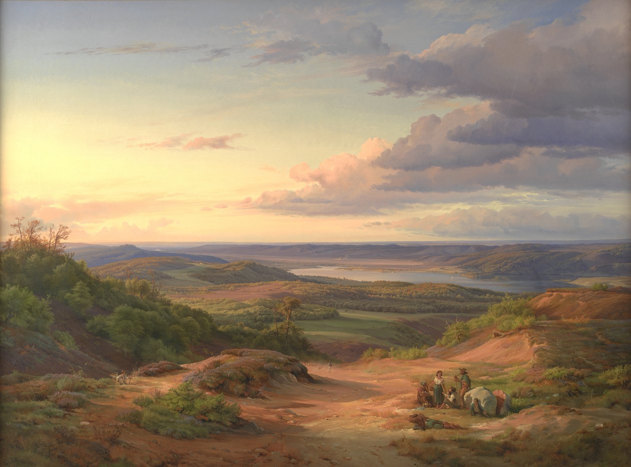 日德兰岛Himmelbjerget附近的风景。前景是一个吉普赛家庭 作者 路易斯·古利特（Louis Gurlitt）