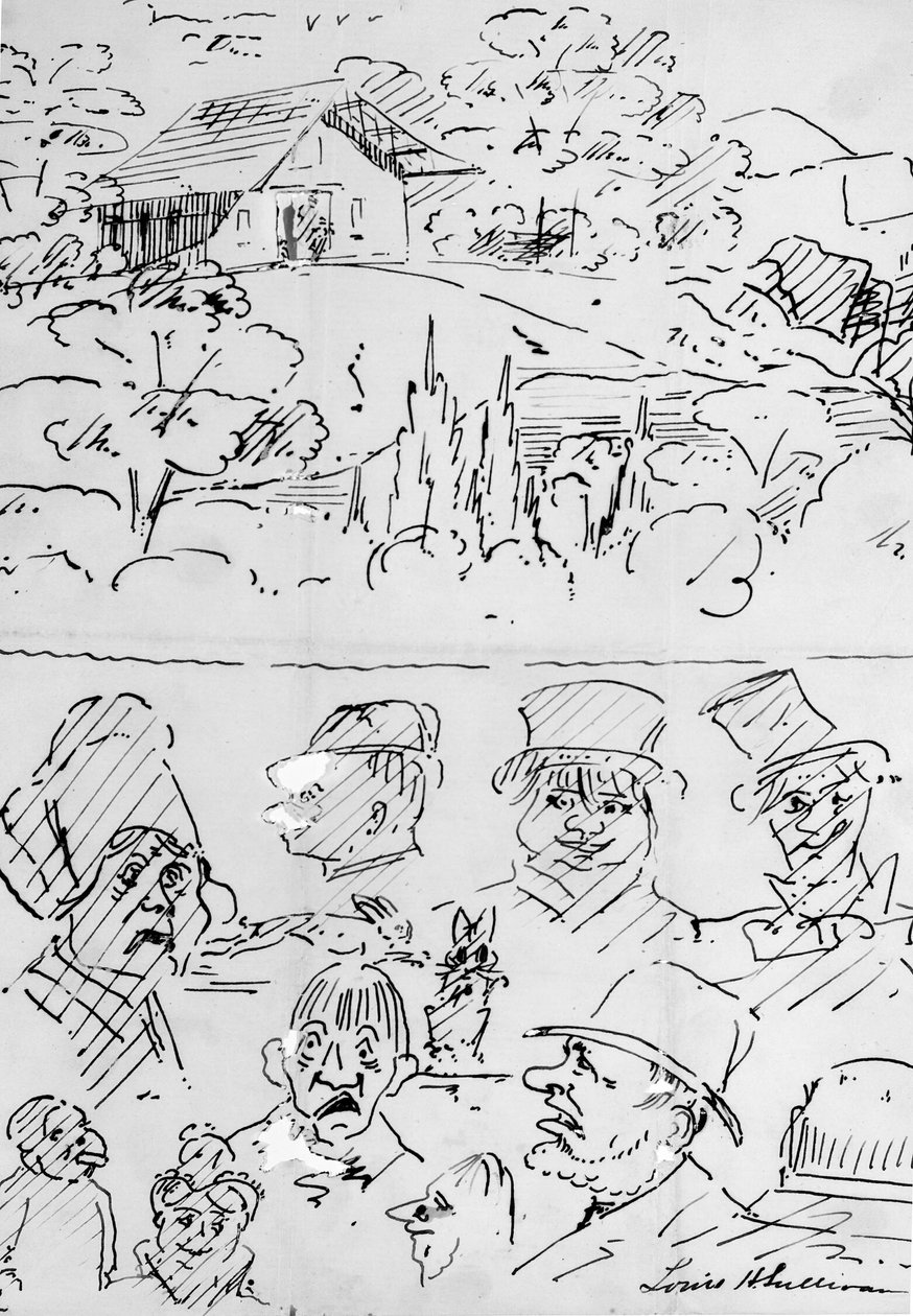 有建筑物的风景（上）和漫画头像研究（下） 作者 路易斯·H·沙利文