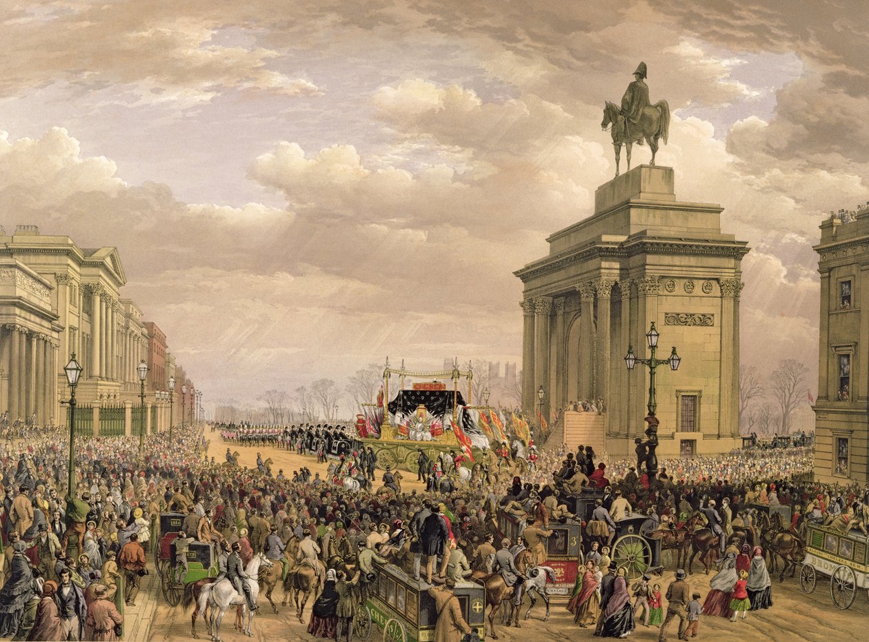 惠灵顿公爵的葬礼，1852年11月18日在Apsley House通过拱门的葬礼车，由Thomas Picken（fl.1838-1870）雕刻，酒吧。作者：阿克曼和戴，1853年 作者 路易斯·哈格