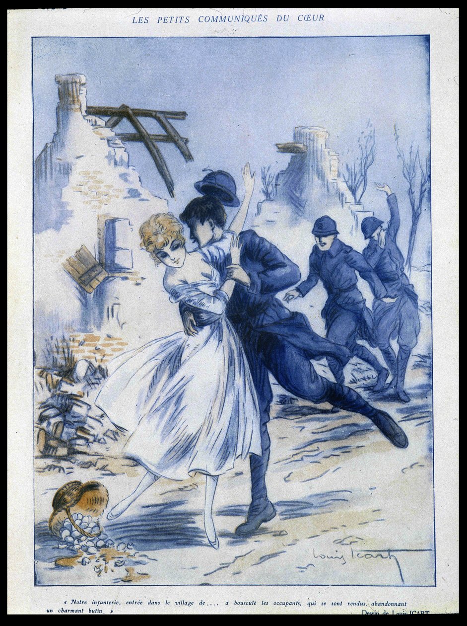 士兵进城，其中一人亲吻女人，“迷人的战利品”，路易斯·伊卡特（Louis Icart，1888-1950）插图，《幻想曲》15/12/1915 作者 路易卡特