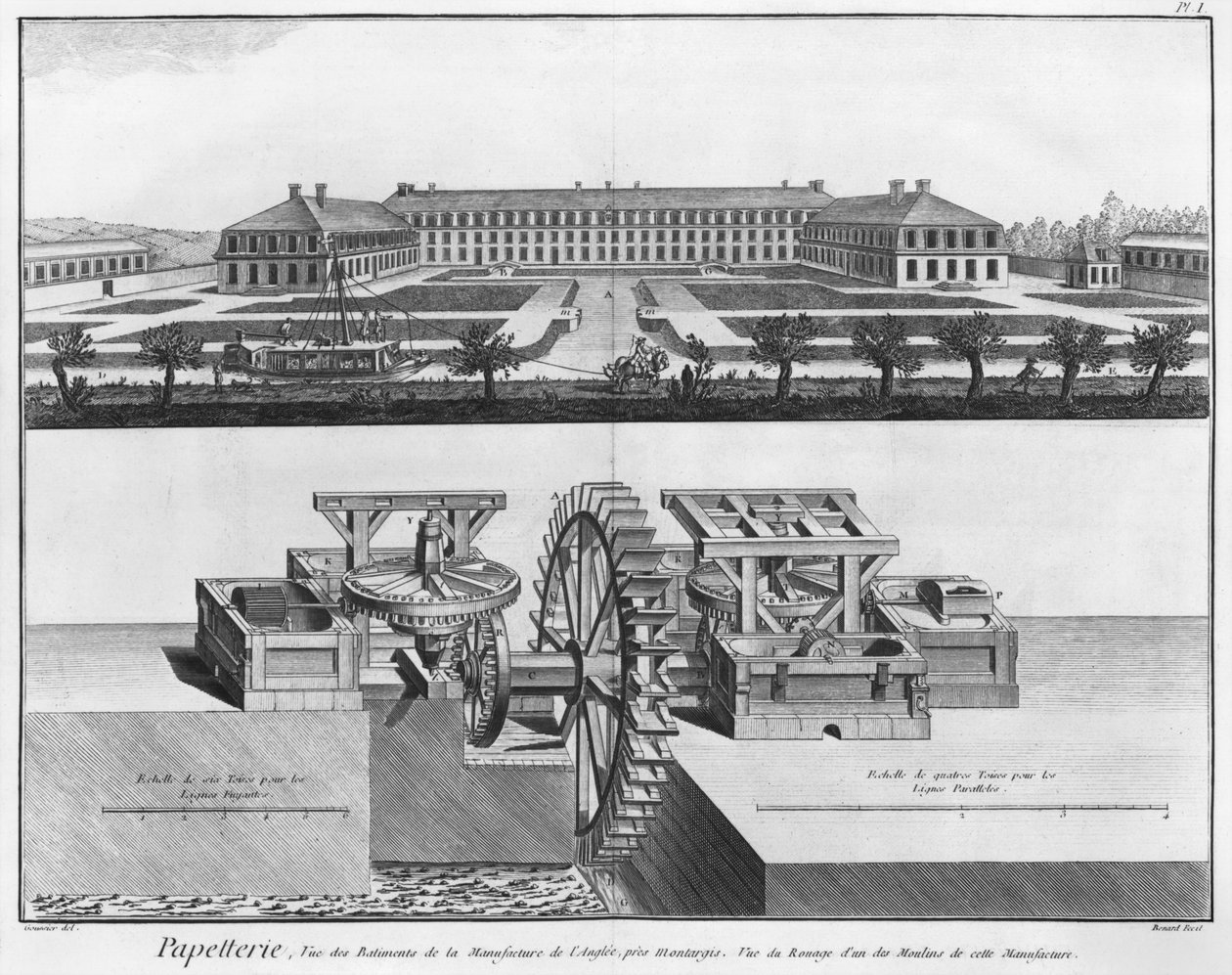 一个造纸厂，由Denis Diderot（1713-84）的&39;Encyclopedie des Sciences et Metiers&39;插图，由Robert Benard（1734年）镌刻，发表于1770年 作者 路易斯·雅克·古西尔