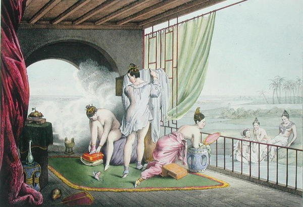 沐浴者在他们的厕所，1824-27年出版（彩色平版印刷）。 作者 路易斯·雅克·尼古拉斯·沙尔