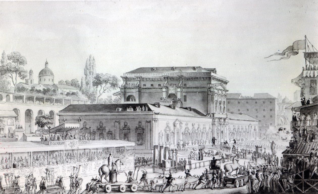 在赫库兰尼姆发现的古物被运往那不勒斯博物馆，约1782年（纸上钢笔、墨水和水彩画 作者 路易·简·德斯普雷斯