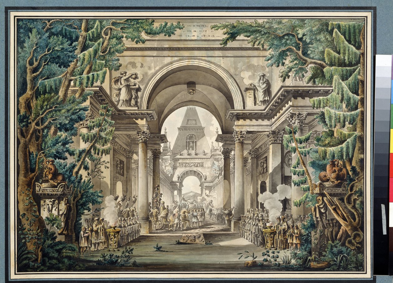 "神庙游行 戏剧场景设计。水彩画，作者：路易-让-德斯普雷兹（1743-1804 年），莫斯科普希金博物馆 作者 路易·简·德斯普雷斯