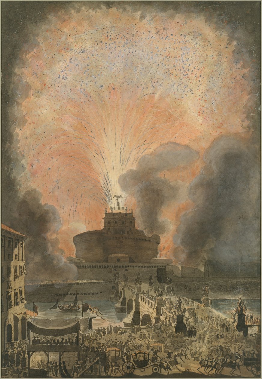 Castel SantAngelo的Girandola，c.1781（手工着色蚀刻） 作者 路易·简·德斯普雷斯