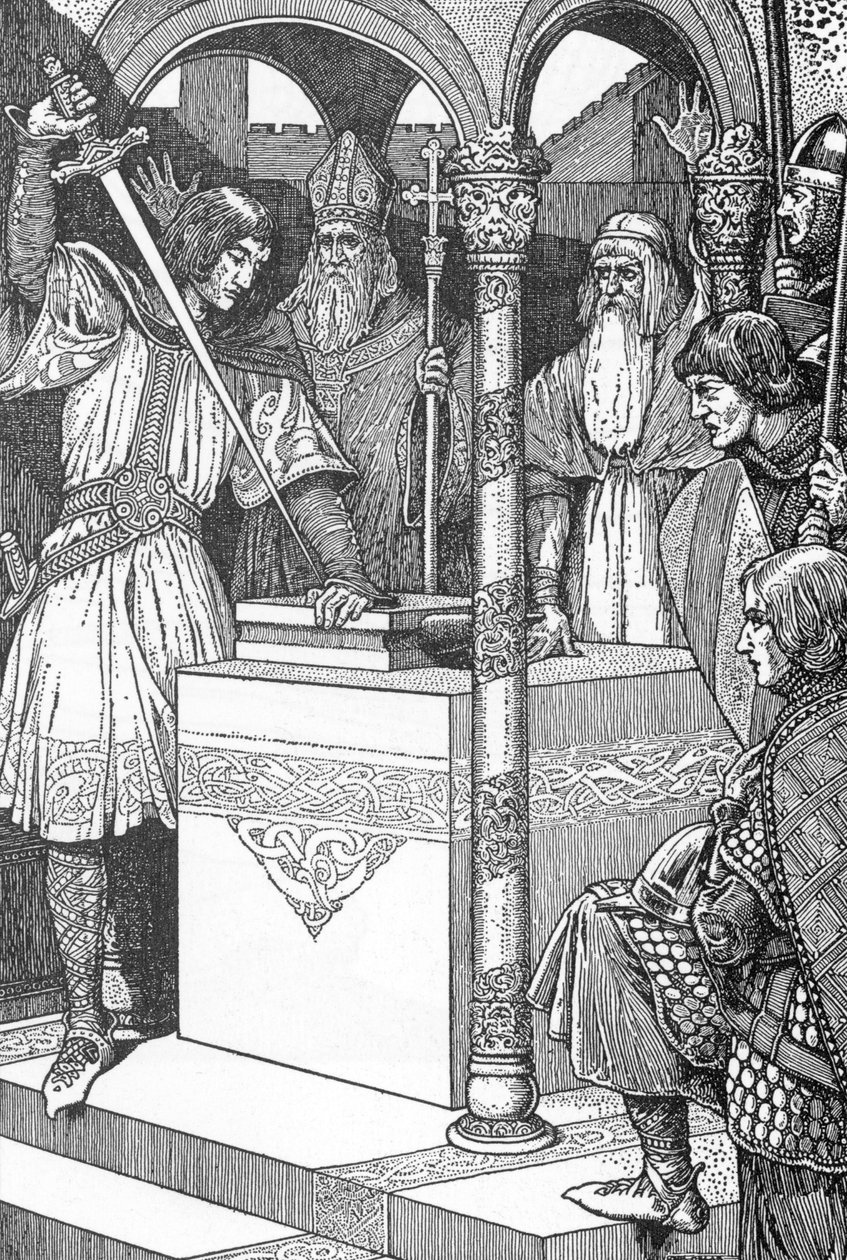 亚瑟从铁砧中拔出神剑 插图由 Louis Rhead (1858-1926) 绘制，来自《亚瑟王和他的骑士们》1923 年私人收藏 作者 路易斯·约翰·黑德