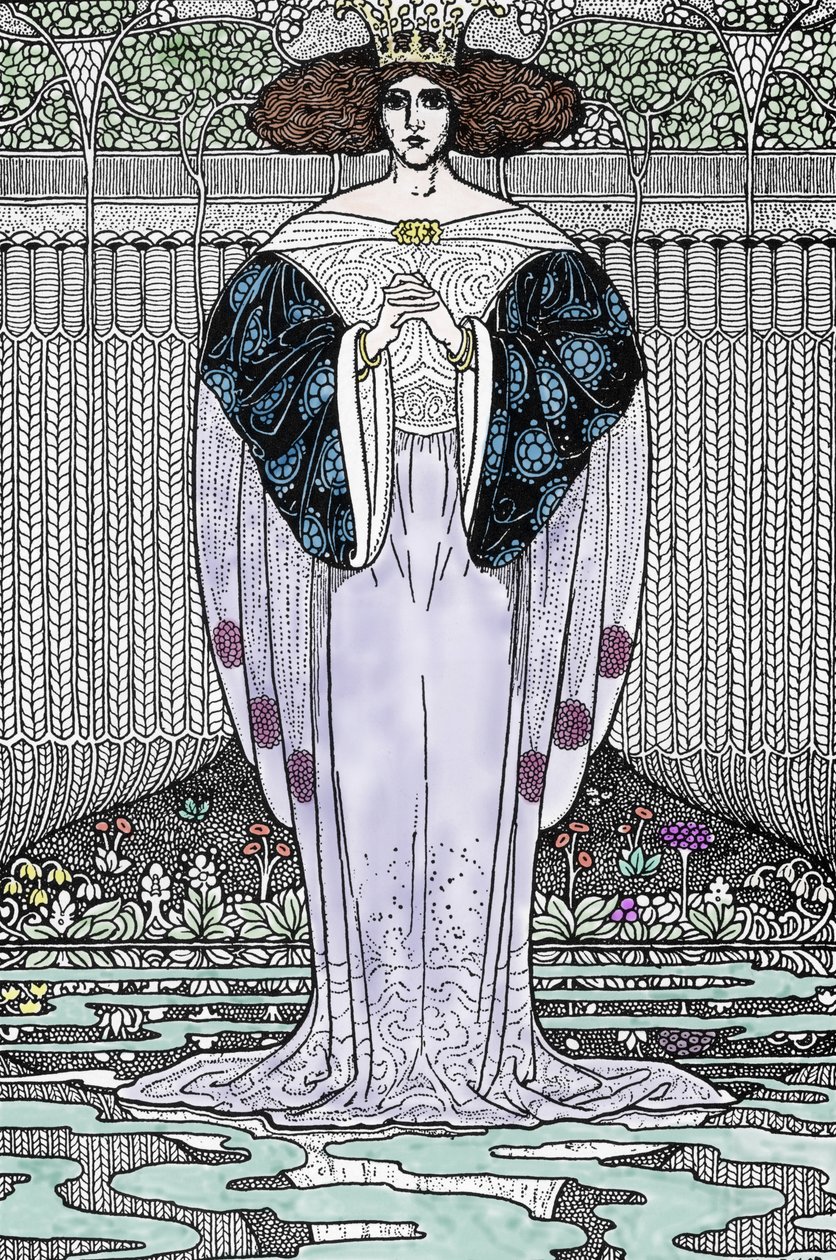 湖中女士 (Nimue, Viviane) 的代表作 Louis Rhead (1858-1926) 为《亚瑟王和他的骑士》绘制的插图” 作者 路易斯·约翰·黑德
