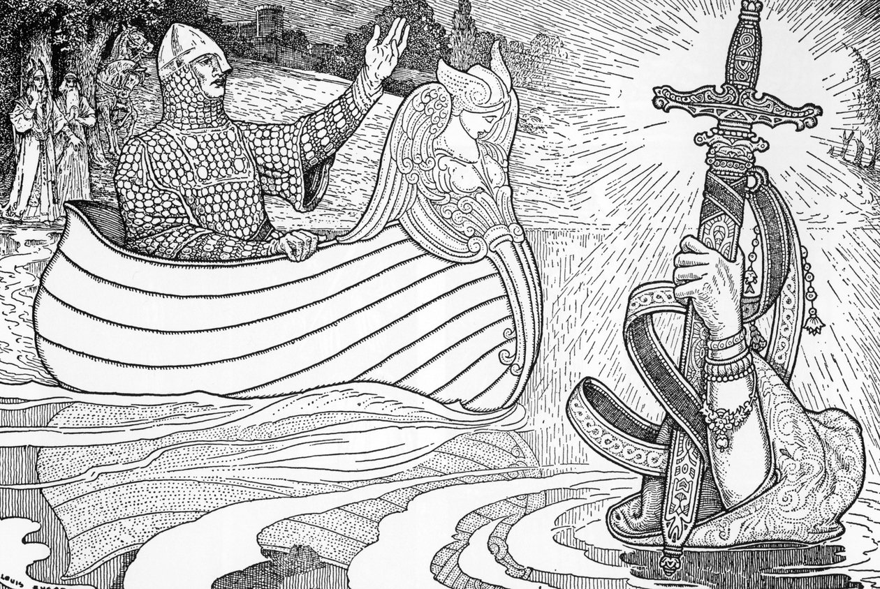 湖中女士 (fee viviane) 的代表，亚瑟王传说中的人物，给予亚瑟王重剑 Excalibur（亚瑟王传说：湖中女士 (Nimue, Viviane) 给予亚瑟王他的剑 Excalibur） 插图由 Louis Rhead (1858) -1 作者 路易斯·约翰·黑德